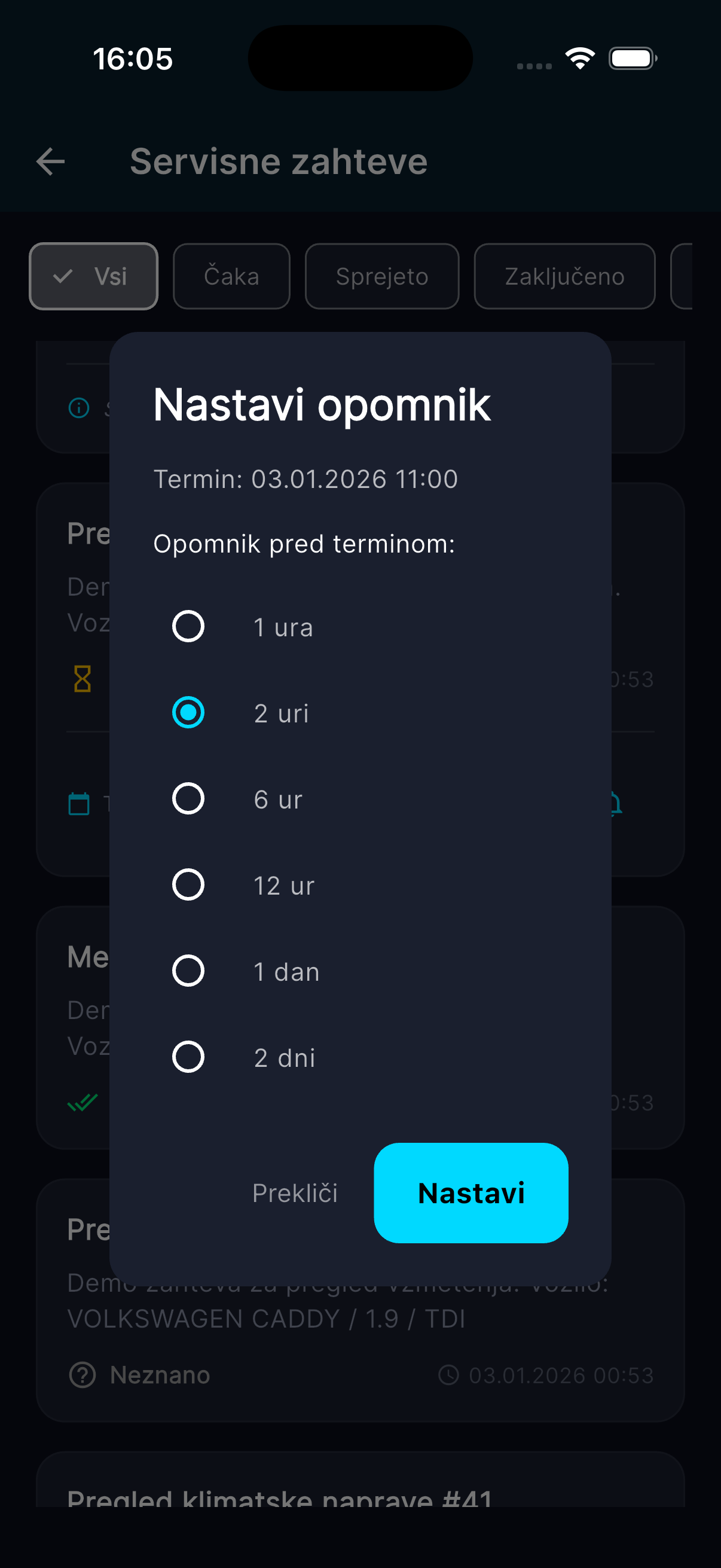 Avtomatske obvestila za servis